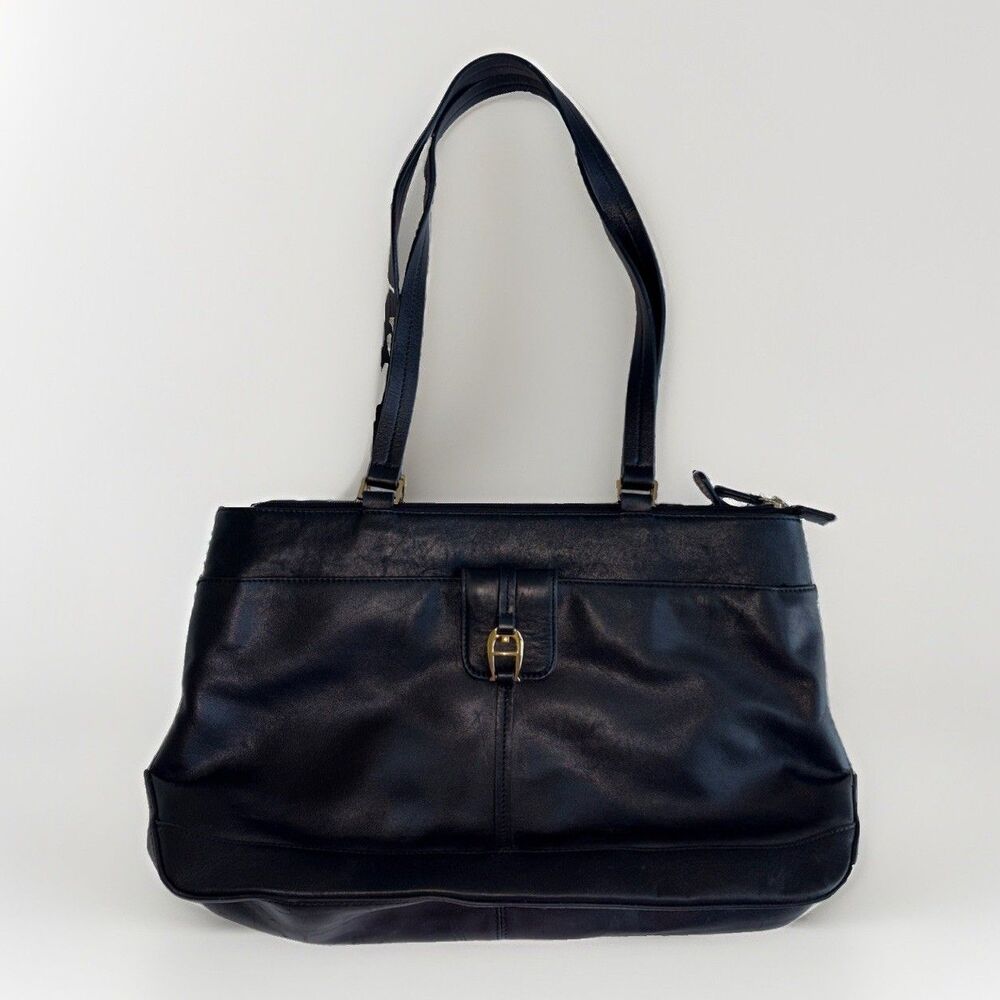 Etienne Aigner Black Leather Shoulder Bag 7 Sections Zip Top Gold Hardware